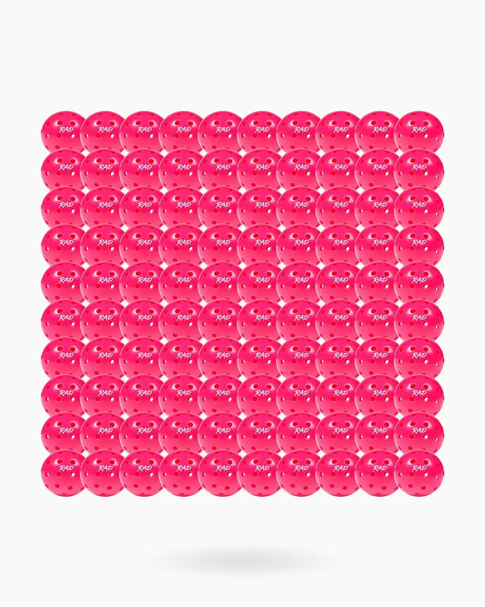 RAD Pro Outdoor Pickleballs set showing the vibrant neon color and 40-hole pattern 100 balls