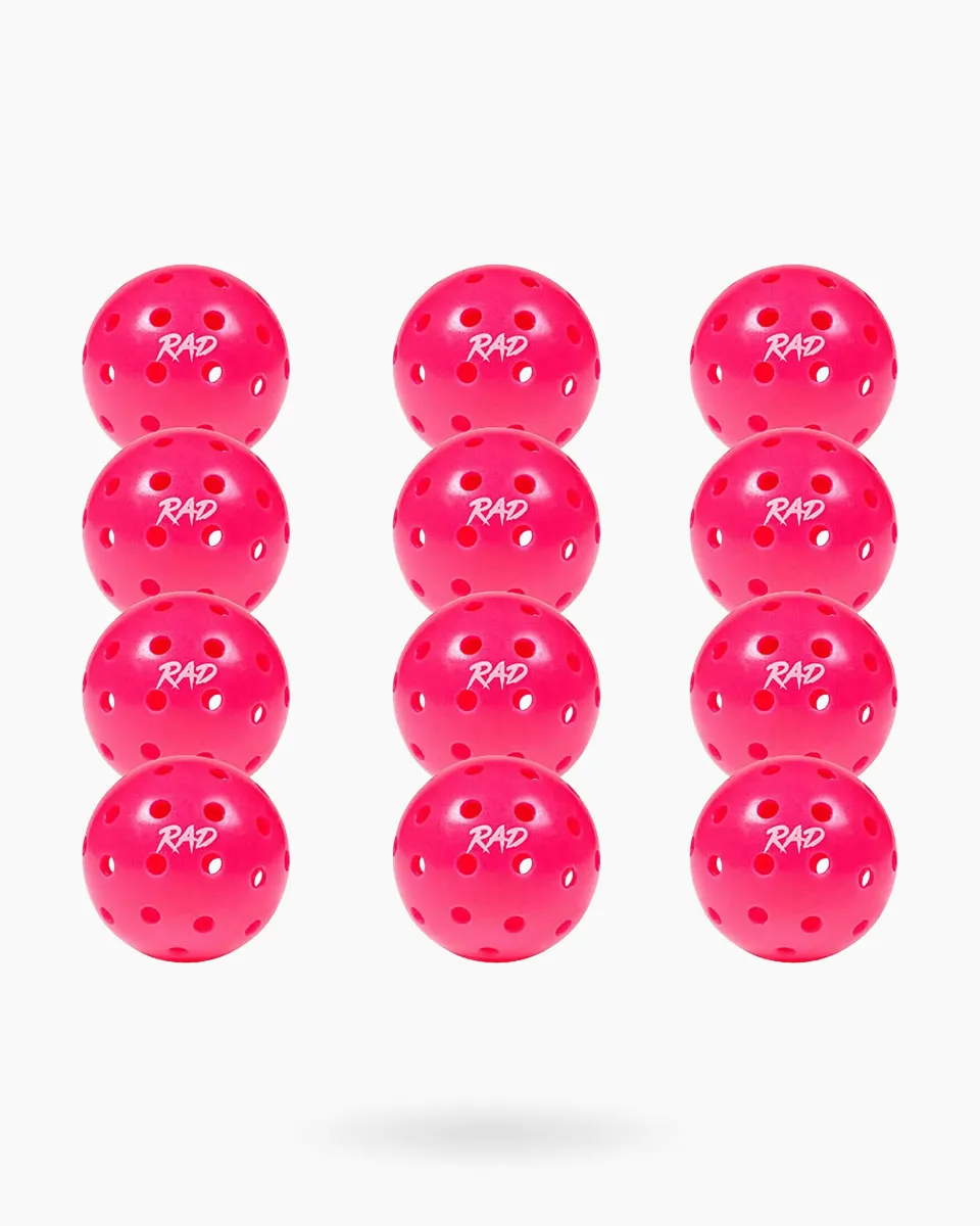 RAD Pro Outdoor Pickleballs set showing the vibrant neon color and 40-hole pattern 12 balls