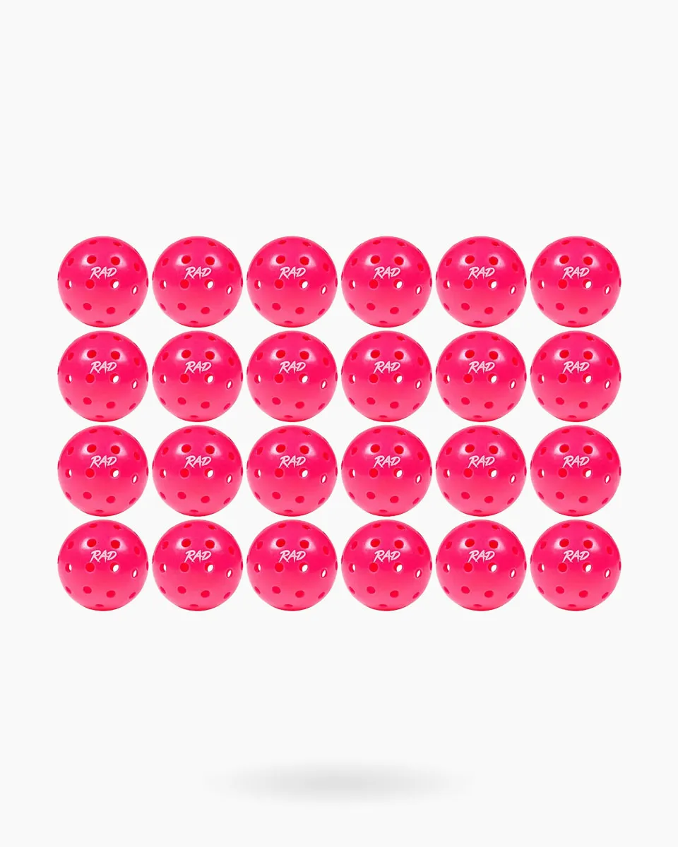 RAD Pro Outdoor Pickleballs set showing the vibrant neon color and 40-hole pattern 24 balls