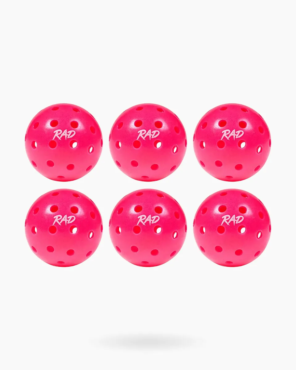 RAD Pro Outdoor Pickleballs set showing the vibrant neon color and 40-hole pattern 6 balls