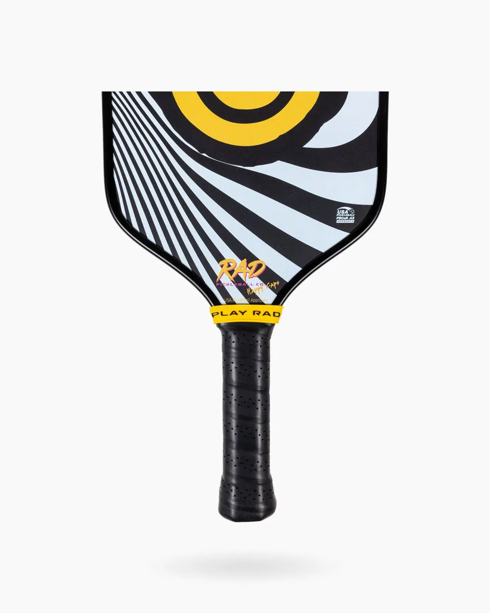 Detailed view of the 5.5 inch elongated handle on the RAD Happy Pro for two-handed backhands