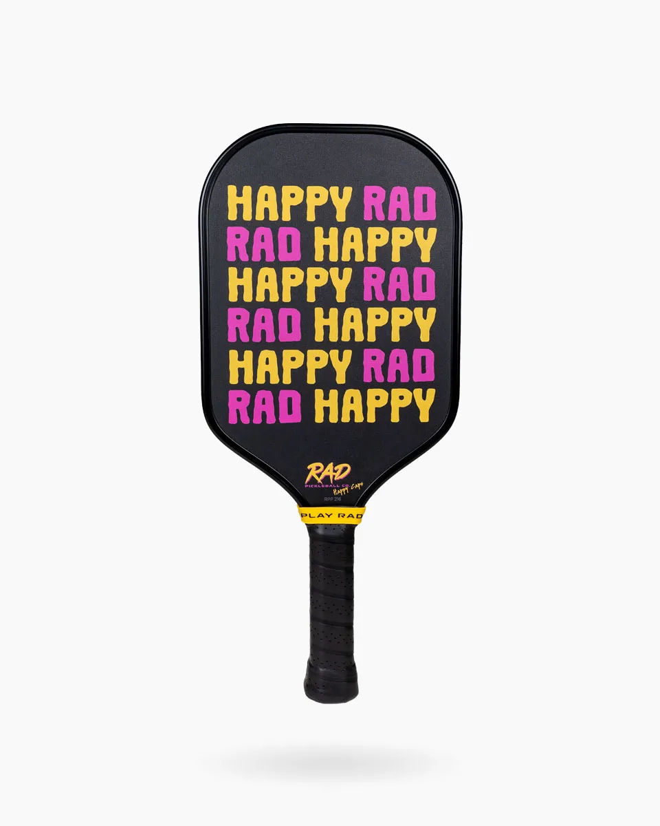 RAD Happy Pickleball Paddle back view showing collaboration graphics and T700 carbon face