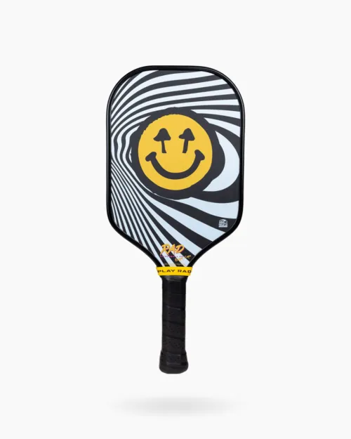 RAD Happy Pickleball Paddle frontal view showing collaboration graphics and T700 carbon fac
