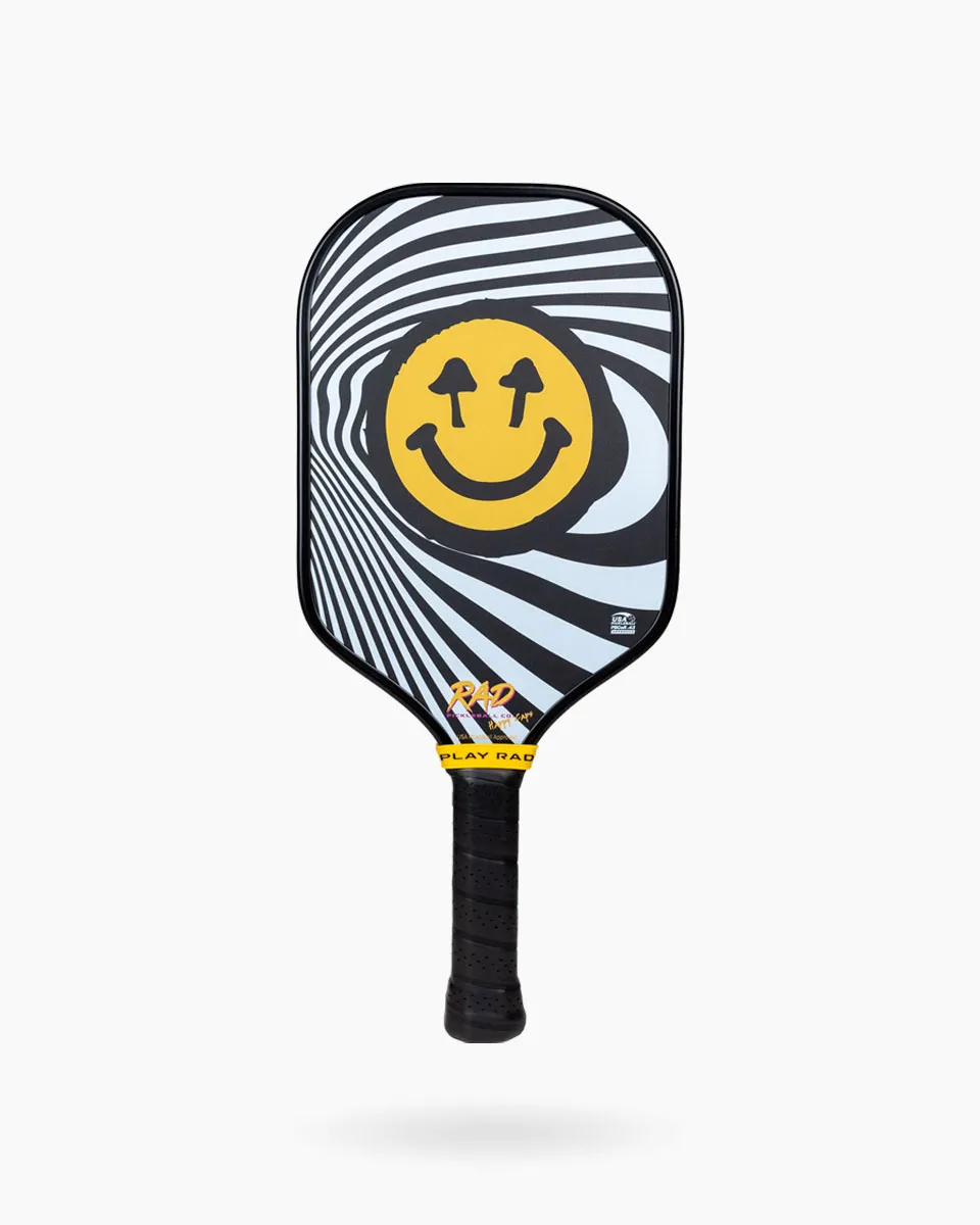 RAD Happy Pickleball Paddle frontal view showing collaboration graphics and T700 carbon fac